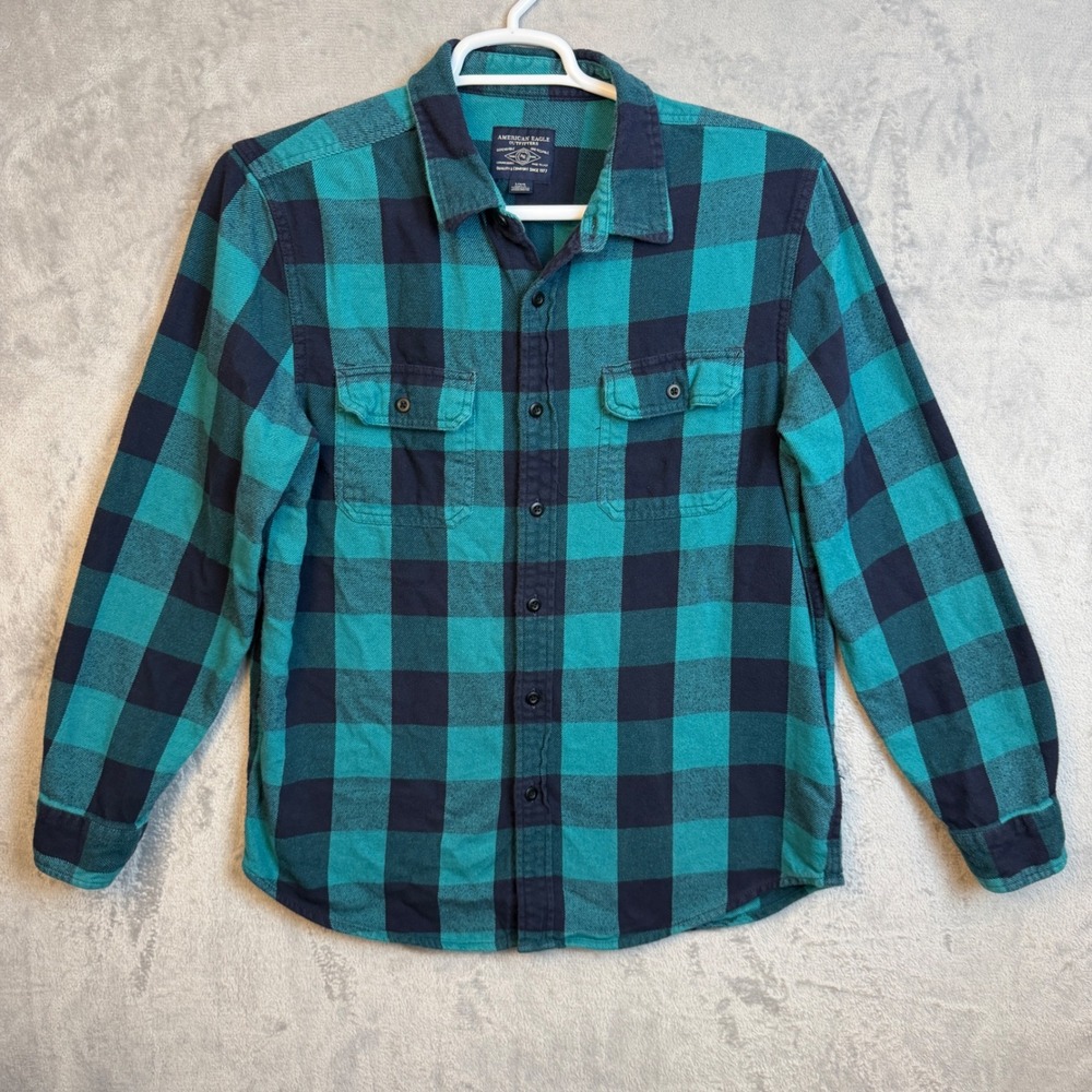 American Eagle Flannel Shirt Mens L Teal Navy Buffalo Plaid Heavy Cabin Core